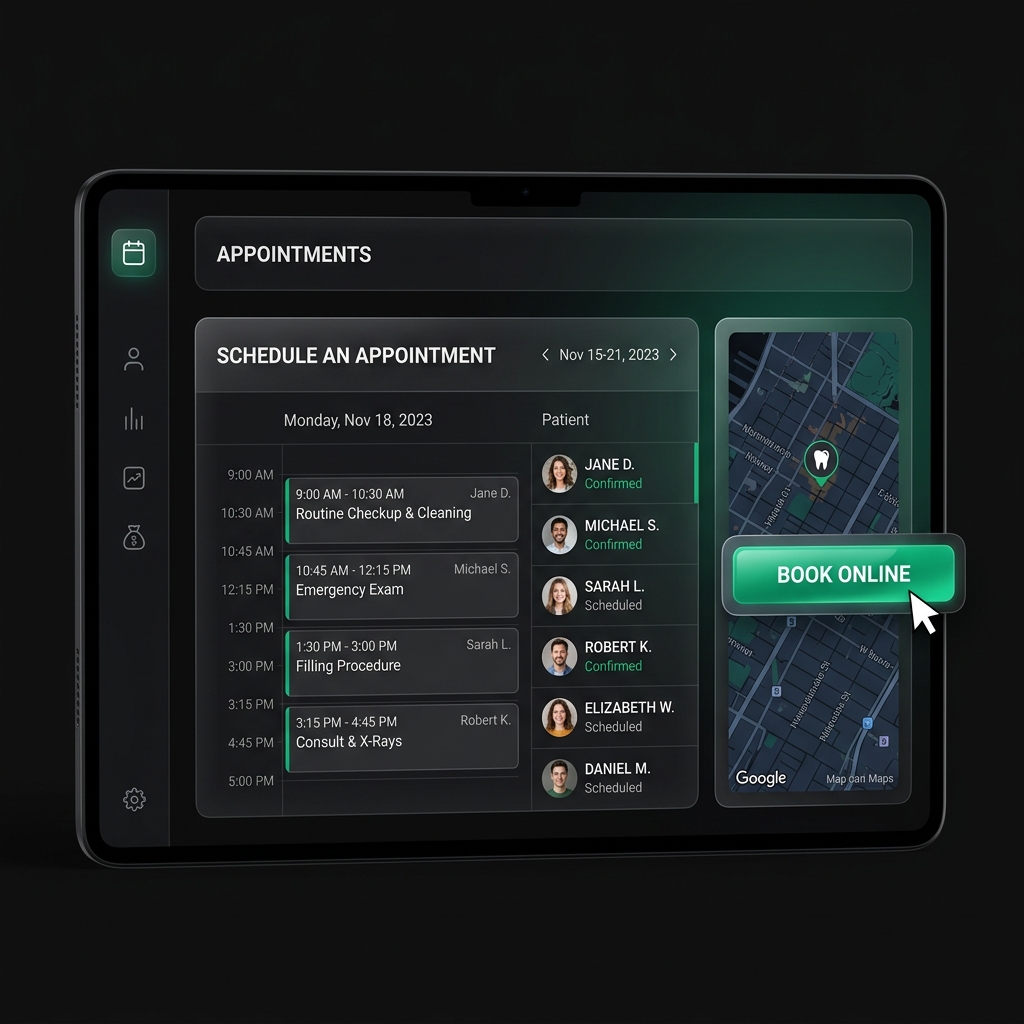 Cliniq AI dental dashboard showing appointment scheduling and Google Maps Book Online button